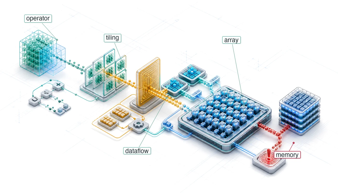 Sơ đồ phối cảnh phần cứng theo lớp, cho thấy một phép toán tensor được phân rã thành các tile, lưu vào SRAM cục bộ và chạy trên một mảng thực thi, đồng thời tránh “bức tường” bộ nhớ ngoài chip.