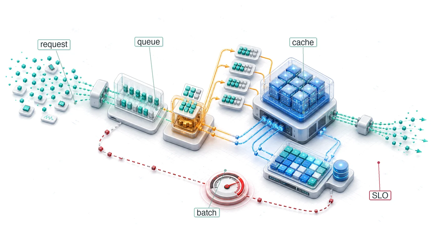 Sơ đồ phối cảnh của một pipeline phục vụ (serving): các yêu cầu đa dạng được gom và lên lịch thành các batch, chiếm chỗ trên các trang cache, chạy qua các worker suy luận, rồi trả về phản hồi dưới áp lực về độ trễ.
